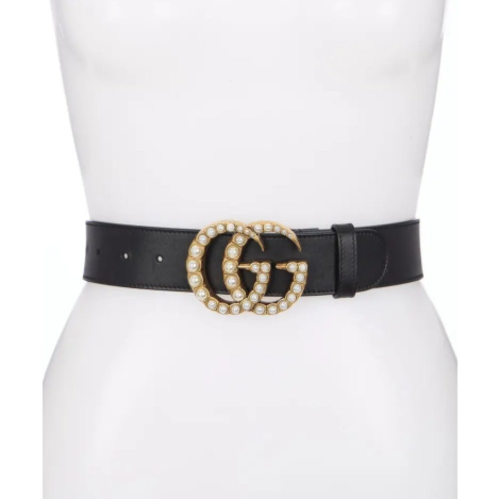 GUCCI Pearl Embellished 'GG' Logo Smooth Leather Belt (Black) 90cm - NEW